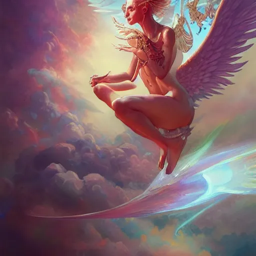 Image similar to detailed key art, concept illustration, hyper detailed painting, hyperrealist painting of an psychedelic angelic celestial being mythical creature by peter mohrbacher, by sam spratt trending on artstation, sacred geometry, esoteric art