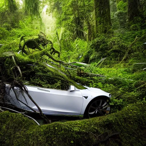 Image similar to A cinematographic 30mm shot of crashed white tesla cars resembling skeletons of whales outgrown by moss, vines and ferns, submerged in a lush and dense forest, dusk light filtering from the trees below. The scene is apocalyptic, eerie but serene, volumetric, 8k, high resolution