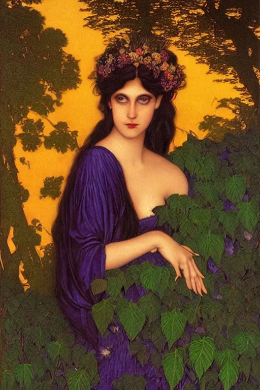 Prompt: beautiful portrait of the queen of night at twilight with the sunset in her hair| richly embroidered velvet| lush foliage | dramatic lighting | Maxfield Parrish and John Waterhouse | rich colors