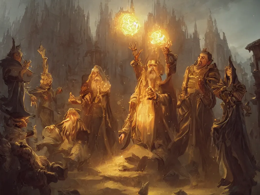 Image similar to an old wizard teaching apprentices a visual spell in the baroque era, hearthstone art style, epic fantasy style art by Craig Mullins, fantasy epic digital art, epic fantasy card game art by Greg Rutkowski