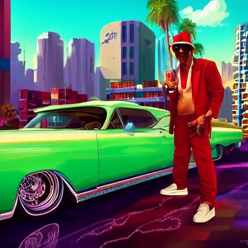 Image similar to swagger! lowrider culture, living large in the city by tyler edlin, editorial, bold colors, detailed, bold colors, miami vice, incredible lighting, great composition, artstation