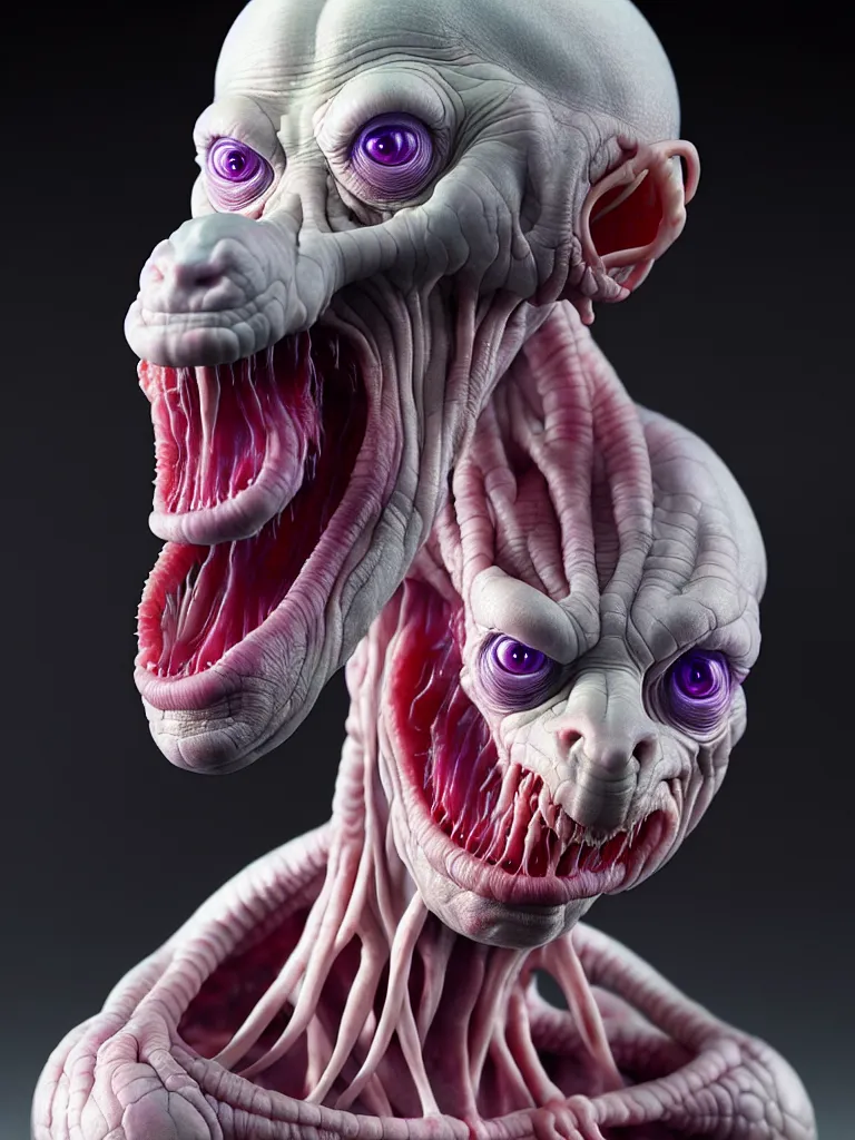 Prompt: hyperrealistic rendering, fat smooth cronenberg flesh monster albino grey alien by donato giancola and greg rutkowski and wayne barlow and zdzisław beksinski, product photography, action figure, sofubi, studio lighting, colored gels