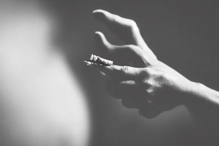 Image similar to Close-up of thin soft hand, cigarette with smoke, hand with five fingers, hyper realistic, high details, photo, super resolution