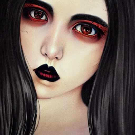 Image similar to a painting of an emo goth mexican girl with long dark hair thick eyebrows dark eyes and dark circles wide nose big eyes oval face shape big cheeks, a photorealistic painting by tran nguyen and ilya kuvshinov, featured on deviantart, gothic art, goth, gothic, detailed painting