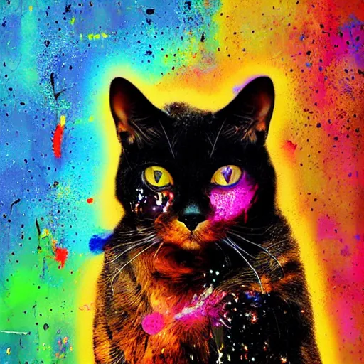 Image similar to portrait of cyberpunk cat, colorful, splatters, by ute osterwalder