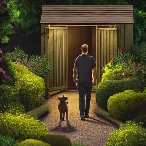 Image similar to Two men in a garden at night walking towards a small wooden garden shed, realistic, dark