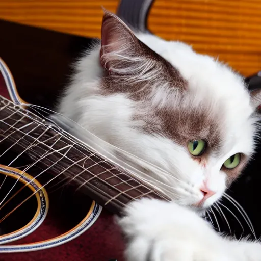 Prompt: a ragdoll cat playing guitar,4k,