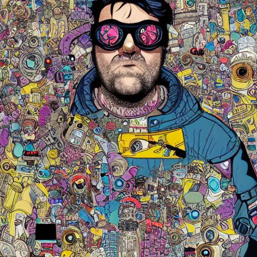 Prompt: hyper detailed comic illustration of a cyberpunk Jack Black wearing a futuristic sunglasses and a gorpcore jacket, markings on his face, by Josan Gonzalez and Geof Darrow, intricate details, vibrant, solid background, low angle fish eye lens