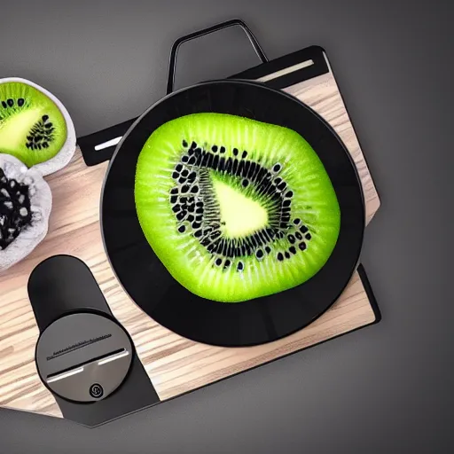 Image similar to vinyl player with vinyl record in shape of huge kiwi fruit, 4 k, optical illusion, unreal render, hyperrealistic textures, product shot, top view