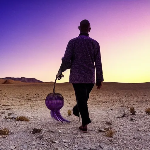 Image similar to a man with a fish head walking in the desert under a purple sky