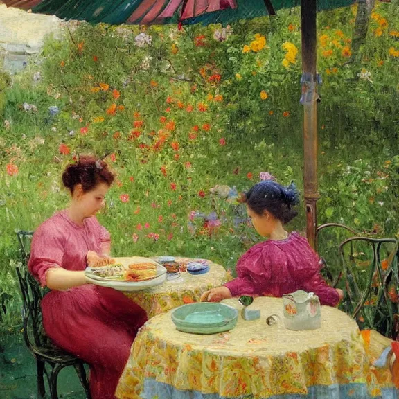 Image similar to a housewife and her daughter putting dishes on a table in the backyard, a tilted parasol sits above the table, a garden with colorful flowers in the background, rainy scene, cozy 1 9 5 0's, medium symmetry, by ilya repin, extreme detail, 8 k, intricate abstract, photorealistic