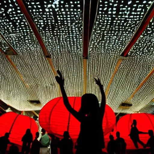 Image similar to night club, red chinese lanterns, people's silhouettes