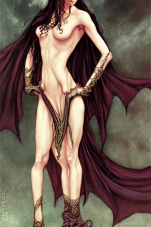 Image similar to a gorgeous female elven priest in a revealing dress, grimdark fantasy by Gerald Brom