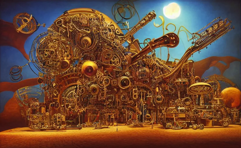 Image similar to “a singular psychedelic steampunk music machine made of intricate guitars pianos saxophones drums and synths, by Vladimir kush , by Roger dean, By syd mead, by josip csoor, 8k resolution, realistic shadows, 3D, rendered in octane, volumetric lighting, hyper detailed, photorealistic, psychedelic”