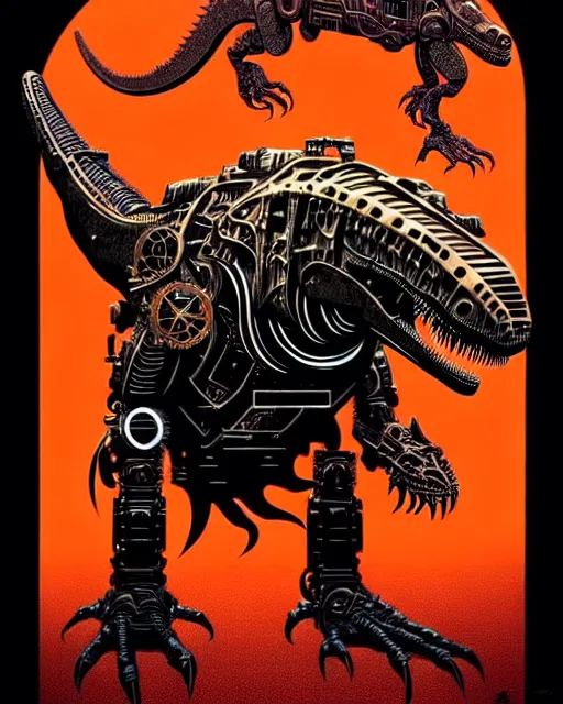 Image similar to a steampunk cyborg t - rex dinosaur, high details, symmetry, bold line art, by vincent di fate and joe fenton, inking, etching, screen print, masterpiece, trending on artstation, sharp, high contrast, hyper - detailed,, hd, 4 k, 8 k