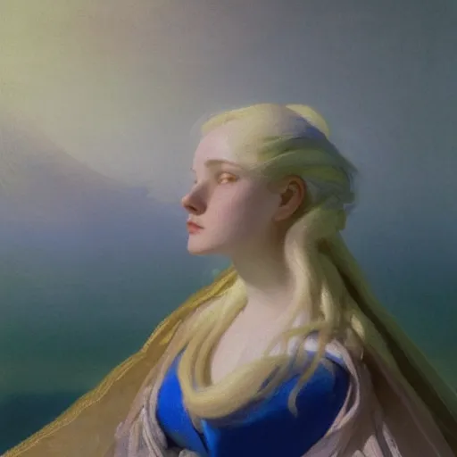 Prompt: a young woman's face, her hair is white and she wears a cobalt blue satin cloak, by ivan aivazovsky and syd mead and moebius and gaston bussiere and roger dean and pieter claesz and paul delaroche and alma tadema and aelbert cuyp and willem claesz, hyperrealistic, volumetric light, octane render