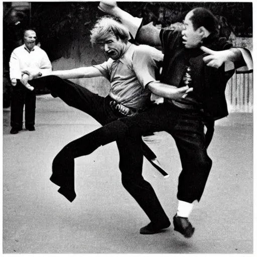 Image similar to Boris Johnson getting beaten in a fight, 60s Kung Fu film, album cover