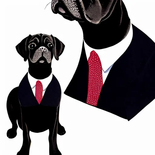 Image similar to portrait of black pugalier dog wearing suit and tie, by damien hurst