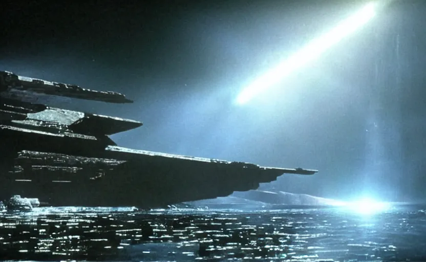 Image similar to iconic cinematic screen shot of star destroyer waterfall canyon planet, from the action packed scene from the 1 9 7 0 s star wars sci fi film by stanley kubrick, glowing lasers, kodak film stock, anamorphic lenses 2 4 mm, lens flare, iconic cinematography, award winning