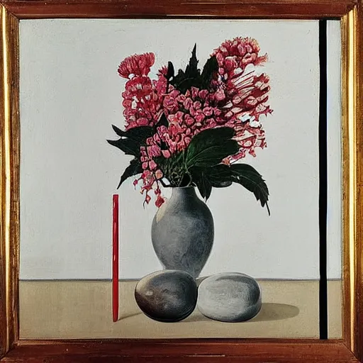 Prompt: “a portrait in an art student’s apartment, a vase in the shape of a feminine pig, pork, ikebana white flowers, white wax, squashed berries, acrylic and spray paint and oilstick on canvas, by munch and Dali”