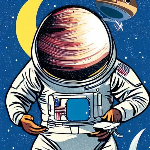 Image similar to juxtapoz illustration of an astronaut drifting in space staring at the earth