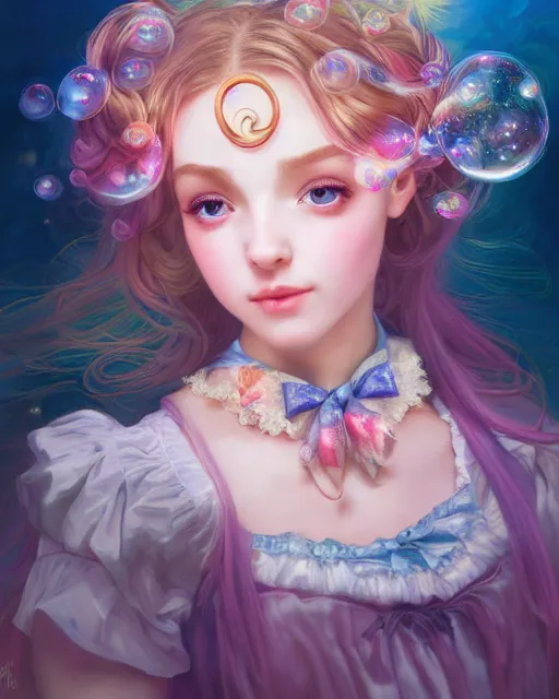 Image similar to portrait of magical lolita girl, dreamy and ethereal, expressive pose, big blue eyes, exciting expression, fantasy, intricate, elegant, many rainbow bubbles, rose tones, highly detailed, digital painting, artstation, concept art, cyberpunk wearing, smooth, sharp focus, illustration, art by artgerm and greg rutkowskiand alphonse mucha