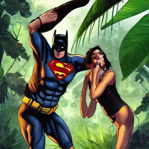 Image similar to batman and superman are playing volleyball in a jungle, in the style of greg rutkowski and artgerm, high detail