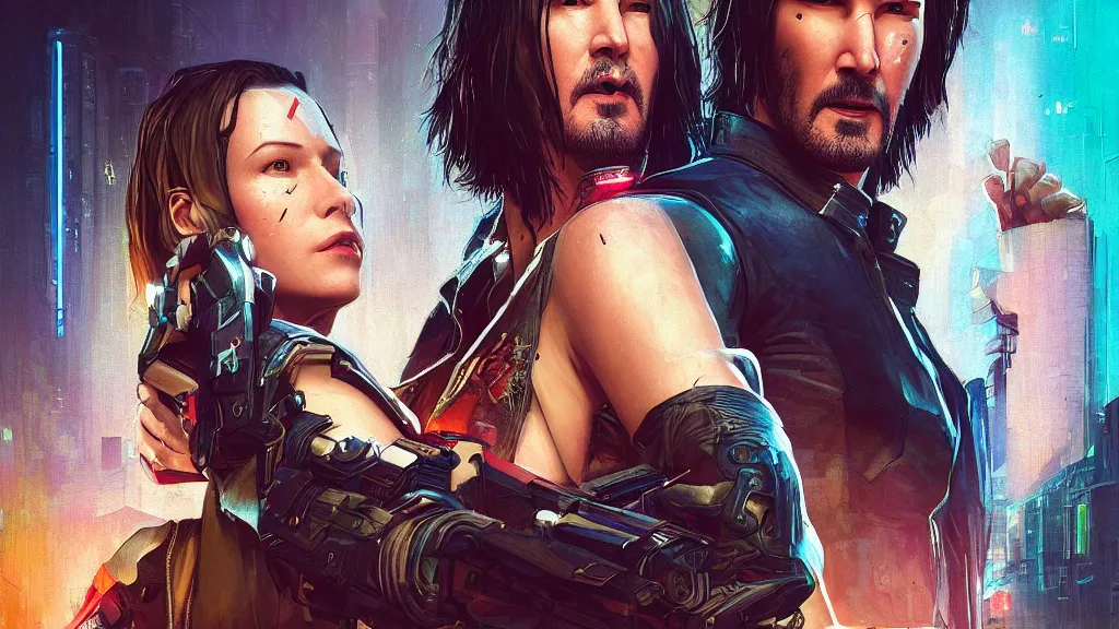 Image similar to a cyberpunk 2077 srcreenshot couple portrait of Keanu Reeves and V final kiss,love,film lighting,by Laurie Greasley,Lawrence Alma-Tadema,Andrei Riabovitchev,Dan Mumford,John Wick,Speed,Replicas,artstation,deviantart,FAN ART,full of color,Digital painting,face enhance,highly detailed,8K,octane,golden ratio,cinematic lighting