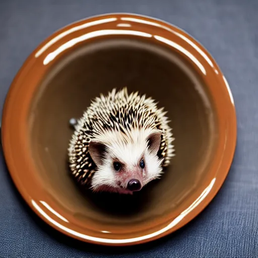 Prompt: baby hedgehog in a teacup, photography, minimalistic, 8 k