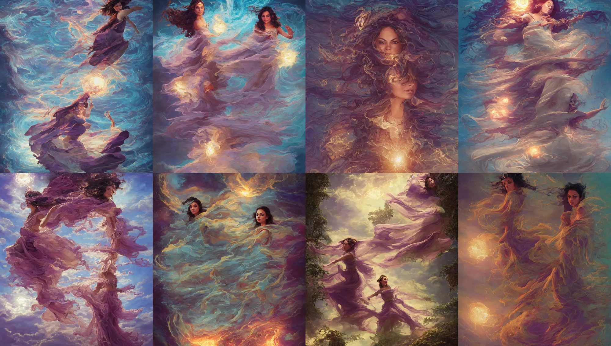 Prompt: mila kunis, wind sorcerer, intricate robes, gloomhaven, luminescent, colorful swirly magic ripples, pastel colors, by greg manchess, huang guangjian, gil elvgren, sachin teng, greg rutkowski, jesper ejsing, ilya kuvshinov, focal length : 2 0 0. 0 mm