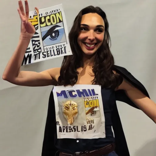 Image similar to Gal Gadot holding a sign that says M!I! T! C! H! I! E! P! O! O! !!!! as painted by Ralph Horsley