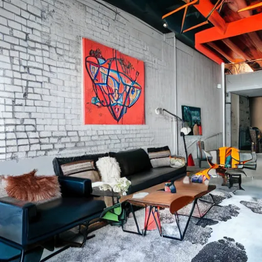 Image similar to trendy downtown loft with modern murals on the wall, modern art and patterns, interior design, juxstapoze magazine
