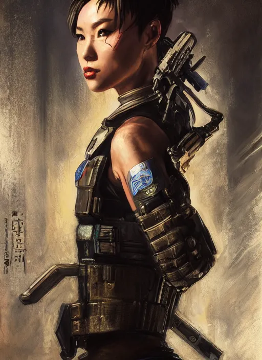 Image similar to chun li. cyberpunk police trooper in a military vest ( blade runner 2 0 4 9, cyberpunk 2 0 7 7 ). orientalist portrait by john william waterhouse and james gurney and theodore ralli and nasreddine dinet, oil on canvas. cinematic, hyper realism, realistic proportions, dramatic lighting, high detail 4 k