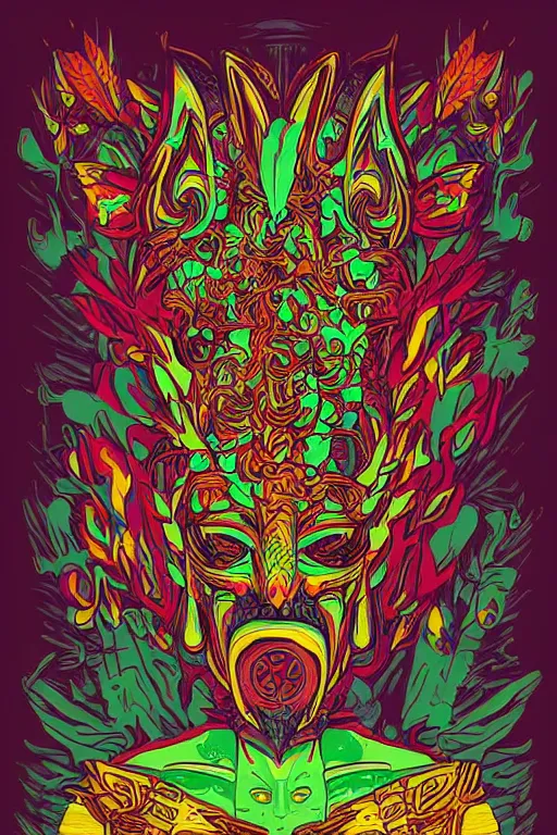 Image similar to animal mask totem roots flower tribal feather gemstone plant wood rock shaman vodoo video game vector cutout illustration vivid multicolor borderlands comics by josan gonzales and dan mumford radiating a glowing aura