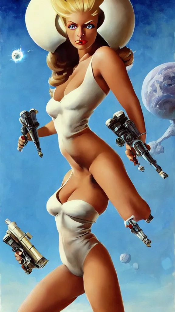 Image similar to A mixed media portrait painting of a beautiful blonde brunette woman exploring an alien planet, very curvy, aesthetic! high-waisted white-bikini-armor and boots, holding raygun, aesthetic symmetrical face and eyes, model, Scandinavian, wet, discarded mechsuit in background, by Frank Frazetta, Boris Vallejo, Beeple, Greg Rutkowski, Christian MacNevin, eighties-pinup style, epic fantasy character art, high fantasy, CGsociety, exquisite detail, post-processing, masterpiece, cinematic