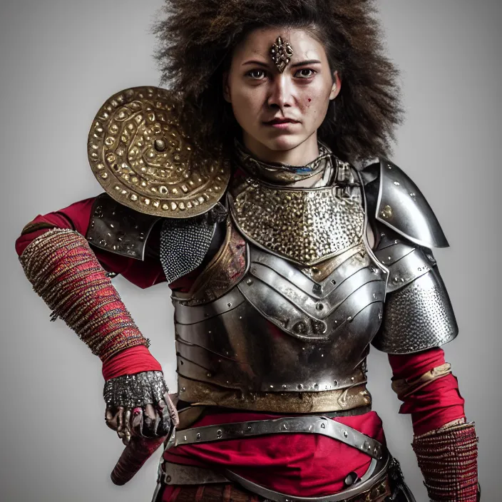Prompt: photograph of a real-life female warrior with ruby encrusted armour. Extremely detailed. 8k