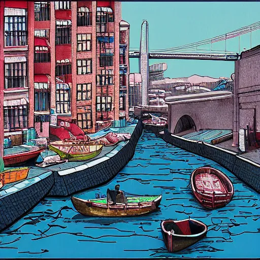 Image similar to city with with streets and aqueducts. various boats. by yeong - hao han