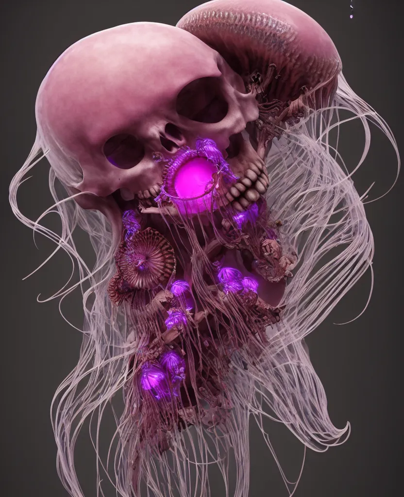 Image similar to goddess close-up portrait human skeleton, ram skull, jellyfish, orchid, betta fish, bioluminiscent, intricate artwork by Tooth Wu and wlop and beeple. octane render, trending on artstation, greg rutkowski very coherent symmetrical artwork. cinematic, hyper realism, high detail, octane render, 8k