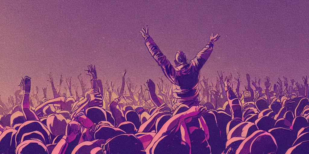 Image similar to rapper leaning over huge crowd reaching up to him, digital art, vapor wave, hip hop, trending on Artstation, professional artist, detailed, 4k