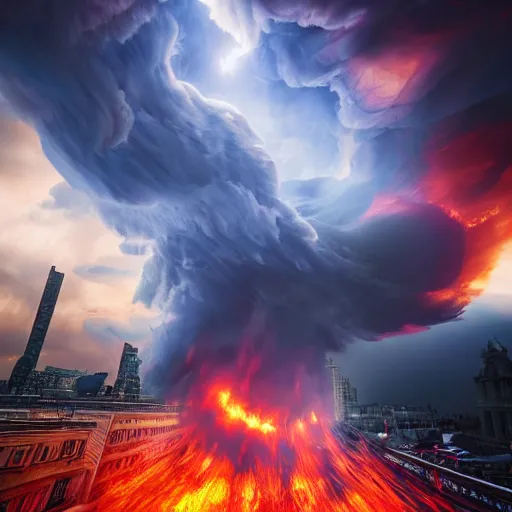 Image similar to flaming tornado ravaging through london, dslr, 8 k, octane beautifully detailed render, hot lighting, warm mood, cinematic lighting, detailed photo, masterpiece, volumetric lighting, ultra realistic, highly detailed, high quality, lossless, photorealistic