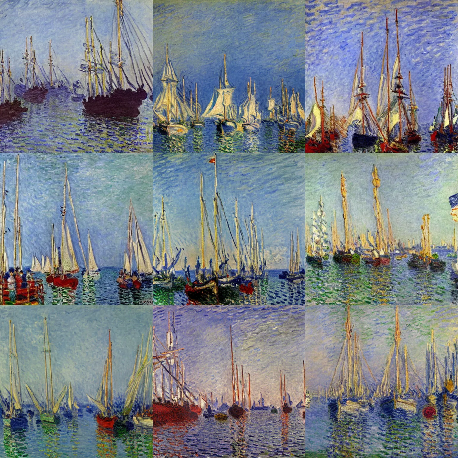 Prompt: a master gouache painting of a group of ships docked at the harbor, group mass composition, by claude monet