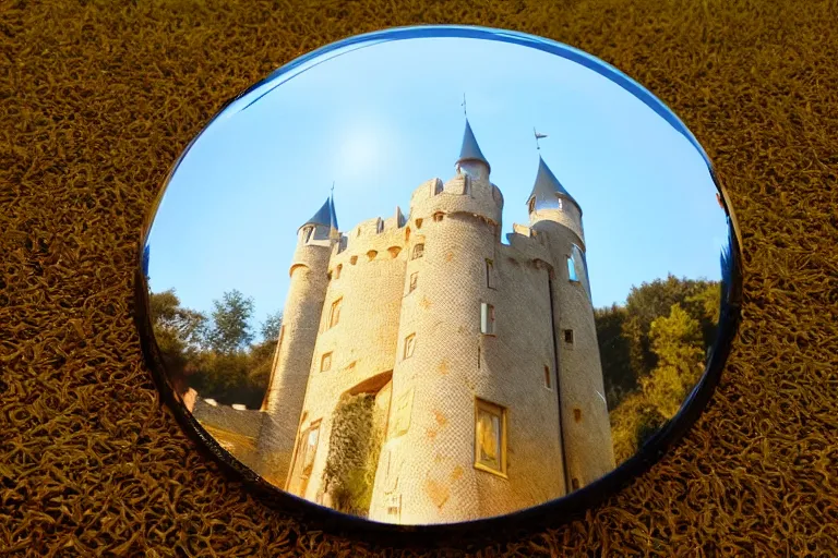 Image similar to castle, chrome, reflect, ultra realistic!!!, clear weather, golden hour, sharp focus