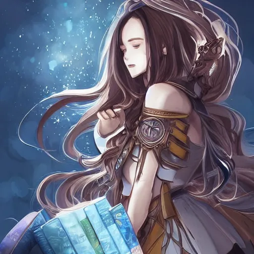 Image similar to “A hyper-detailed stunning and beautiful anime woman with brown flowing hair, long blue-cape, decorative leather armor, surrounded by a catacomb of books, Full-body character portrait, trending on artstation, by rossdraws”