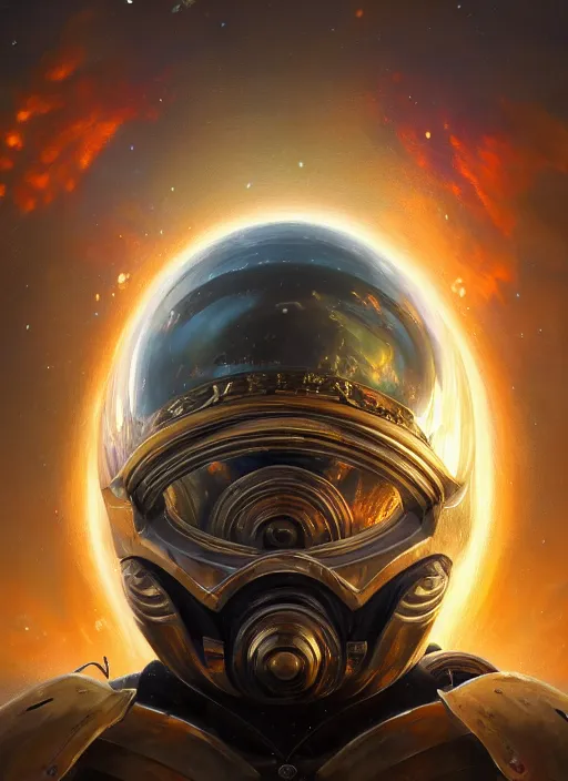 Image similar to highly detailed portrait of reflection of dragonfire on steel shiny helmet, raytracing, fantasy art by by simon bisley, loish, rhads, ferdinand knab, makoto shinkai and lois van baarle, ilya kuvshinov, rossdraws, tom bagshaw, global illumination, radiant light, detailed and intricate environment