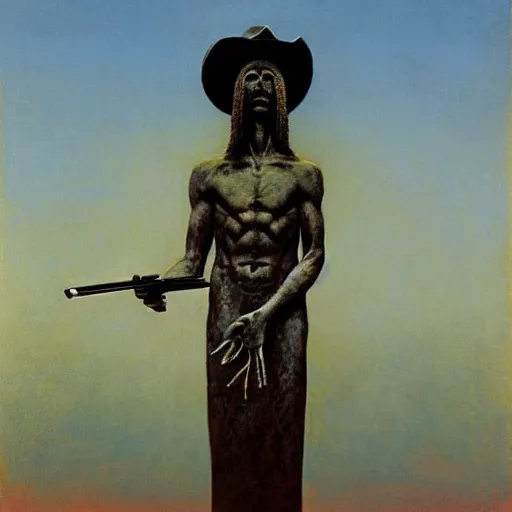 Prompt: beksinski's statue of thoth with a cowboy hat and a shotgun