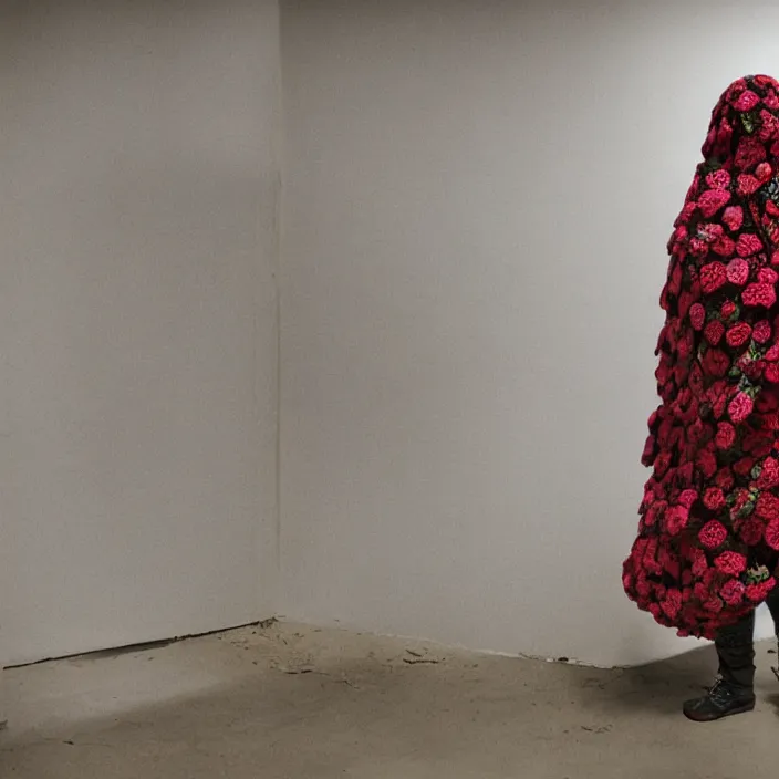 Prompt: a woman wearing a hood made of wire and zinnias, in an abandoned office building, by vincent desiderio, canon eos c 3 0 0, ƒ 1. 8, 3 5 mm, 8 k, medium - format print