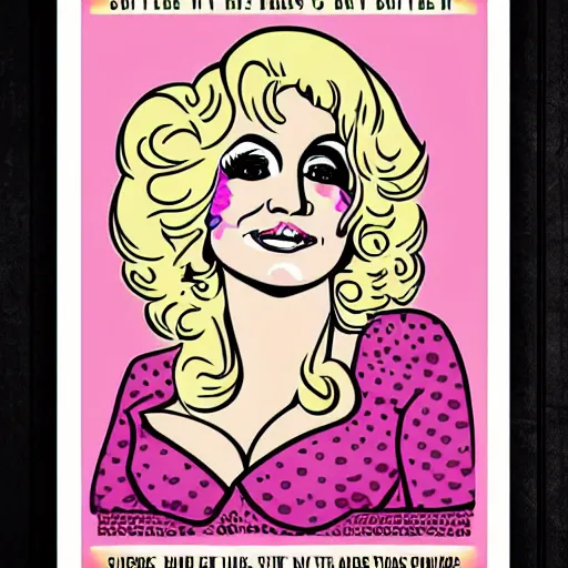 Image similar to 70s graphic design poster with a Dolly Parton’s face, flower child, groovy, retro, hippie, pink tones