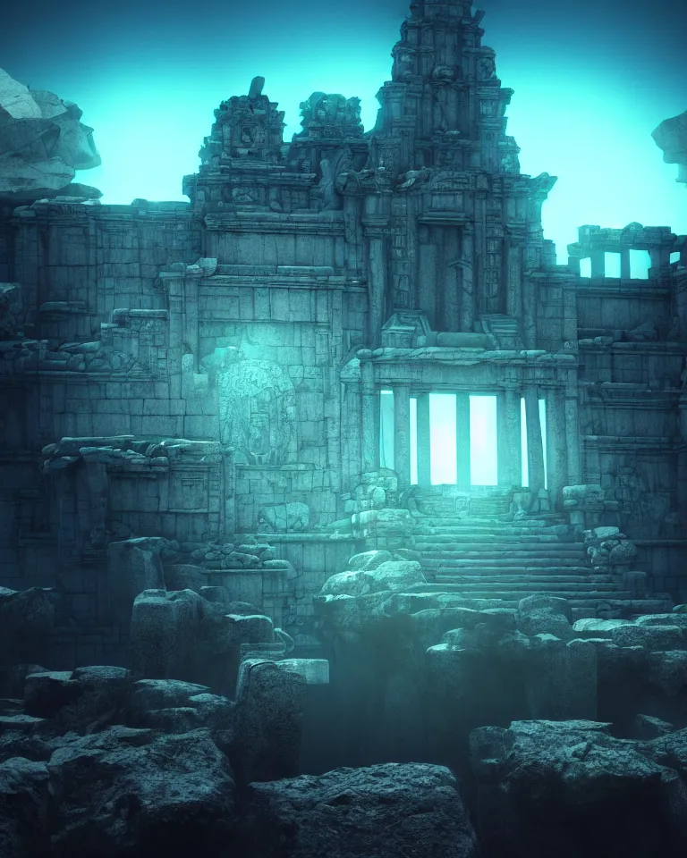 Image similar to ultrawide shot of submerged pre - incan temple, anime style mixed with fujifilm, dark, underwater, symmetrical, bubbles, abyss, dark, murky, foggy, atmospheric, crepuscular rays, artstation, cgsociety, octane render, cgi, unreal engine 5, denoise, detailed, cinematic masterpiece