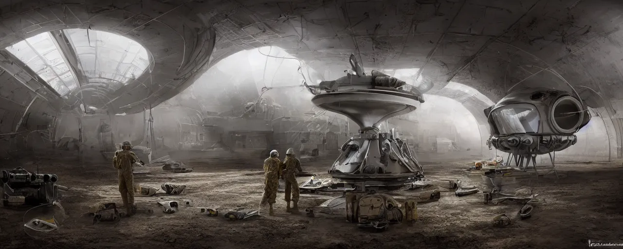 Prompt: engineer repairs special flying saucer full of modern military equipment, in the hall of area 55, high detail, ground fog, wet reflective ground, saturated colors, by Darek Zabrocki, render Unreal Engine-H 1024
