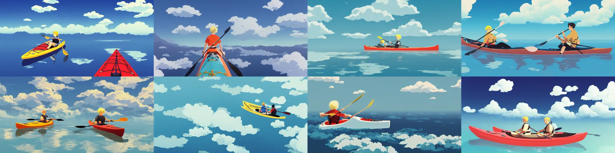 Prompt: blond kayaker paddling in his light blue kayak!!!!! above the clouds in the sky, by James Gilleard, studio ghibli, highly detailed trending at artstation, 4k, hdr, backlight